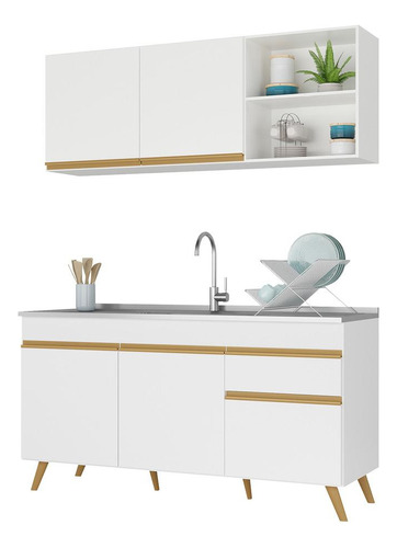 Armário De Cozinha Compacta 150cm Veneza Multimóveis V2079 Cor Branco/Dourado