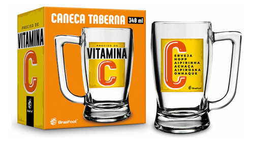 Caneca De Chopp Vidro 340ml Taberna - Preciso De Vitamina C Cor Laranja