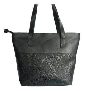 Bolsa tote Efren Ceron Playero diseño grabado de cuero negra asas color negro