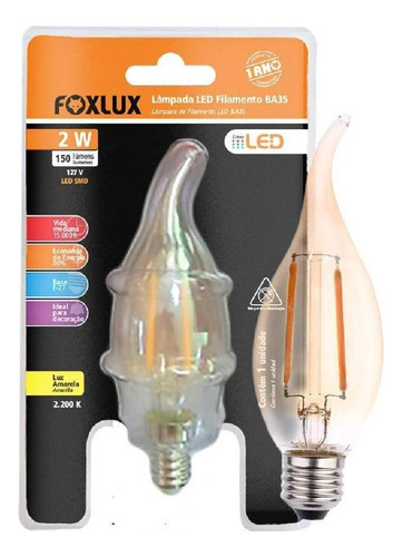 Lampada Filamento E14 Ba35 Vela Chama 2w 127v Foxlux