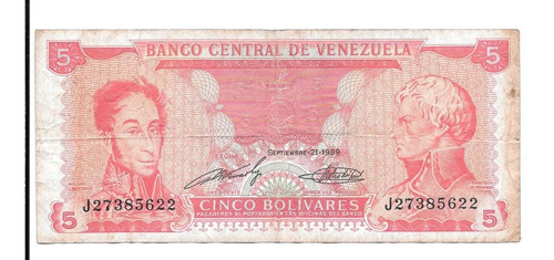 Liquido Billete De Venezuela.  5 Bolívares 1989