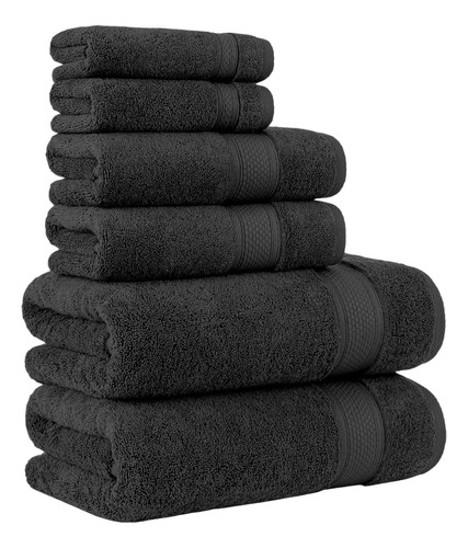 Juego De 6 Toallas De Baño 100 % Algodón Absorbente Ligera Color Negro Liso