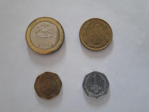 Lote De 4 Monedas Chilenas (100, 10, 5 Y 1 Peso). (Usado)