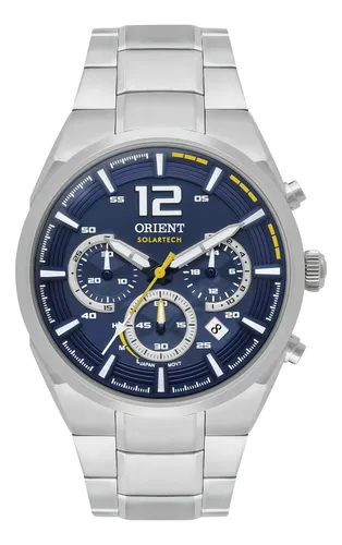 comprar Relógio Orient Masculino Cronógrafo Solartech Aço Mbssc257 Cor da correia Prateado Cor do bisel Prateado Cor do fundo Azul
