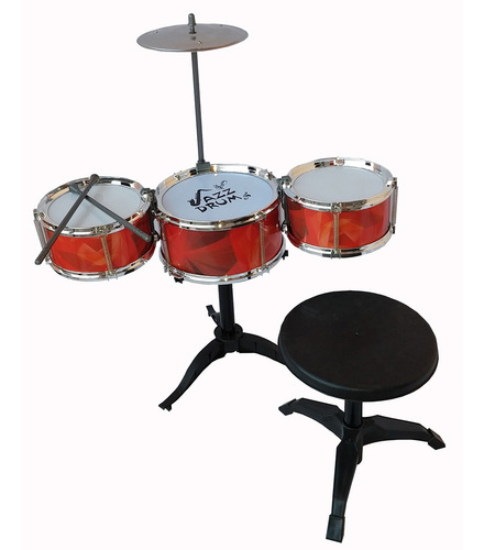 Bateria Infantil Vermelho 3 Tambores 1 Prato 2 Baquetas Rock