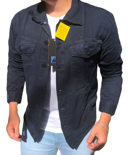 Imagem 3 de 5 de Jaqueta Sarja Azul Escuro Tinturada Masculina Slim Fit