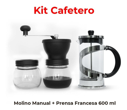 Kit Cafetero Molino Manual De Vidrio + Prensa Francesa 600ml