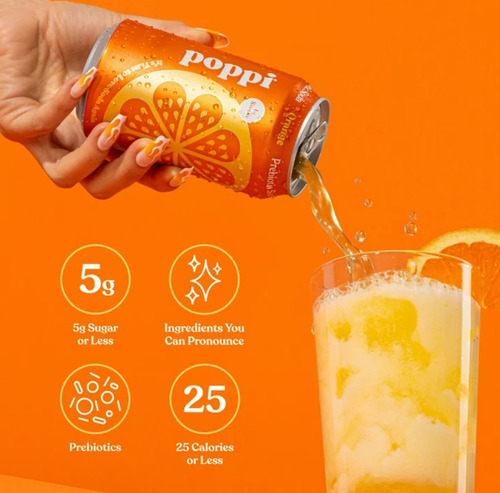 Poppi Refresco Prebiotico Sabor Naranja Paquete De 4, 12floz