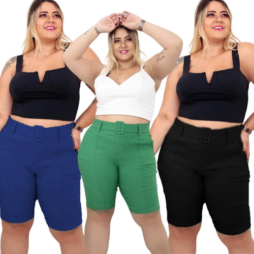 Kit Com 3 Bermudas Feminina Plus Size Com Bolsos E Cinto