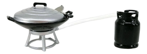Estufa Negra Móvil Wok En Miniatura Con Tanque De Gas 1:12 .
