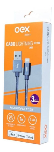 Cabo Usb Lightning Oex Ce100 Mfi 1 Metro Em Nylon Cinza