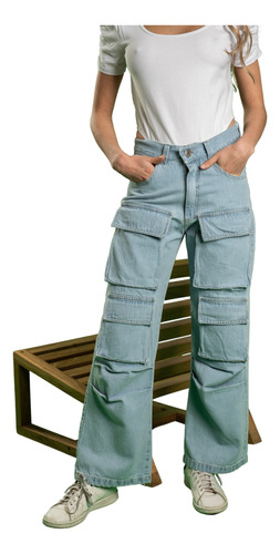 Pantalon De Jean Cargo Muchos Bolsillos Y Pliegue Rigido