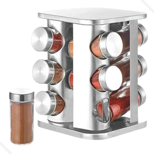Kit 12pcs Porta Temperos Rotatório Quadrado 110ml Aço Lnox