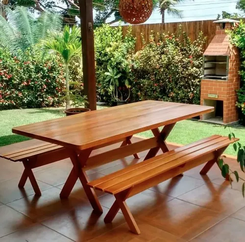 Conjunto mesa rústica com bancos Madeira 2,00m