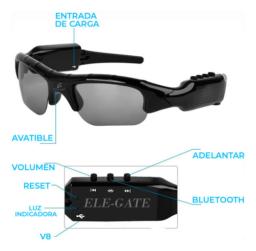 Lentes De Sol Bluetooth Manos Libres Audifonos Inalambricos Color Negro Ele-Gate