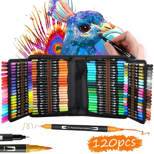 Marcadores de doble punta en 120 colores, marcadores de doble cara con  bolsa de viaje, marcadores artísticos de punta fina y cincel para colorear