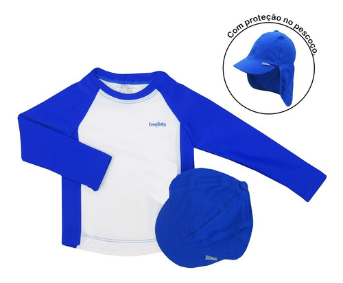 Camiseta Bebê Manga Longa Azul Royal Com Boné Proteção Uv 50