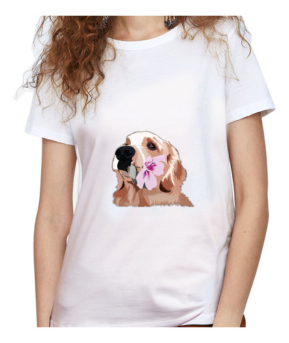 Camiseta Dama Estampada perro Con Flor