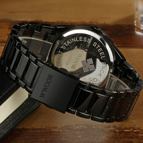 Relojes Wwoor Calendar Business de cuarzo impermeables con correa de color negro