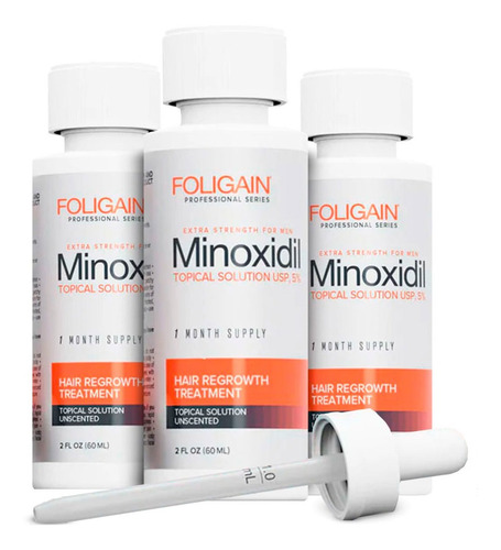 Foligain Minoxidil 5 % Tratamiento Para El Crecimiento Del Cabello Para Hombres, Tratamiento Para 3 Meses, Potente Y Ultrapuro Para El Crecimiento Del Cabello Con Resultados Clínicamente Probados