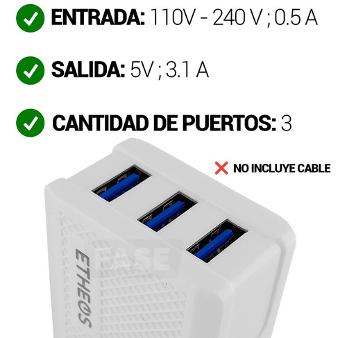 Etheos Cusb31a Cargador Usb 3 Puertos 3.1a 110v A 240v