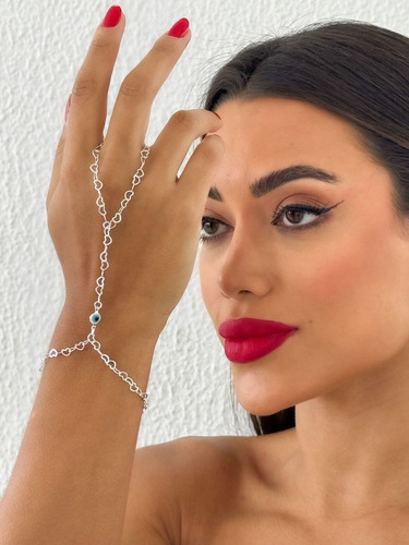 Pulseira Com Anel Hand Chain Folheado A Prata