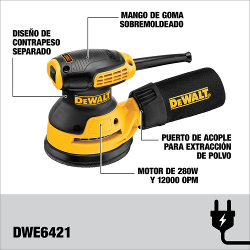 Lijadora Roto Orbital Aleatoria 5'' 280w Dewalt Dwe6421-b3 Color Amarillo Frecuencia 50 Hz/60 Hz