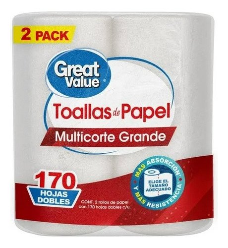 3 Pzas Toallas De Papel Great Value Multicorte Grande 170 Ho