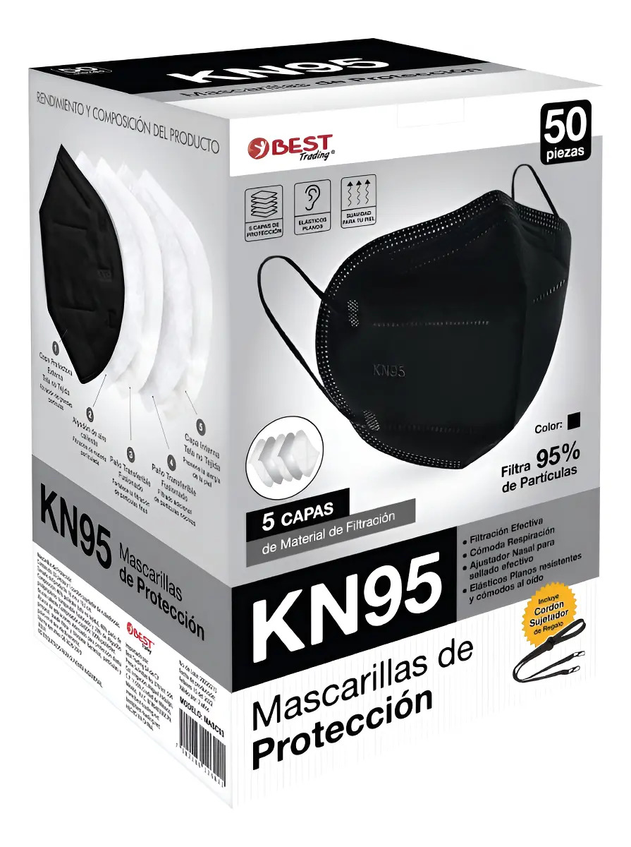 Best Trading 50 Cubrebocas KN95 Certificado Color Negro Desechable, Mascarillas Con 5 Capas Contra Partículas Desechable, Tapabocas Cómodos Con Ajustador Nasal Oculto