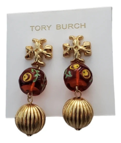 Aretes Tory Burch Logo Dorado Con Figuras Colgantes 