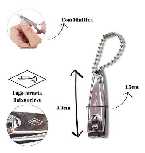 3x Cortador De Unhas Pequeno 5cm Com Lixa E Corrente Corneta