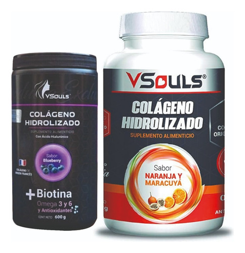 2 Botes Colágeno Hidrolizado Vsouls ® Naranja Y Blueberry