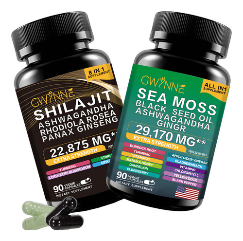 Gwynne All In 1 Shilajit Y Sea Moss Bundle 90 Cápsulas-contiene 29170 Mg De Musgo Marino, Aceite De Semilla Negra, Etc Y Contiene 22875 Mg De Shilajit,rhodiola Rosea, Etc