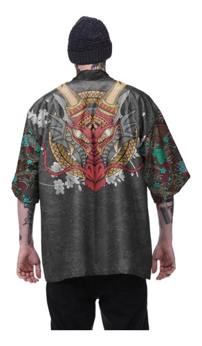 Imagem 3 de 3 de Kimono Haori Oriental Japão Oni Mascara Mask Onda Kanagawa