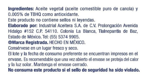 Imagen 4 de 4 de Aceite De Cocina 100% De Canola Marca Maravilla, 500 Ml 2pza
