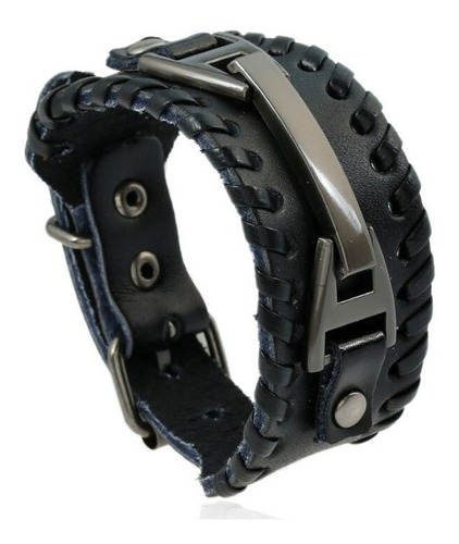 Bracelete Masculino Metal Couro Legítimo Preto Harley Hip Mc