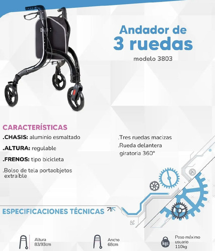 Andador Triciclo Reforzado 110 Kilos De 3 Ruedas Aluminio