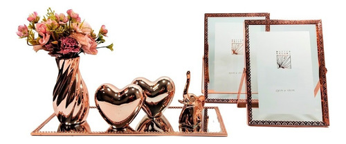 Kit Decoração Bandeja Porta-retratos Elefante Corações 7pç Cor Rose Gold Liso