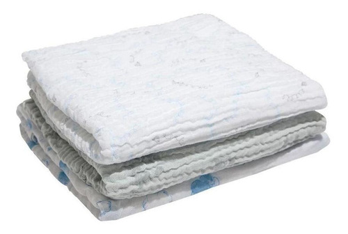 Cueiro Swaddle Estampado Com 3 Pçs Azul 1,20m X 1,20m Papi