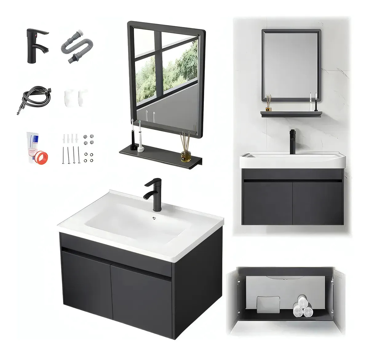 Mueble de Baño con Lavabo Integrado de Cerámica Negro Mate y Espejo