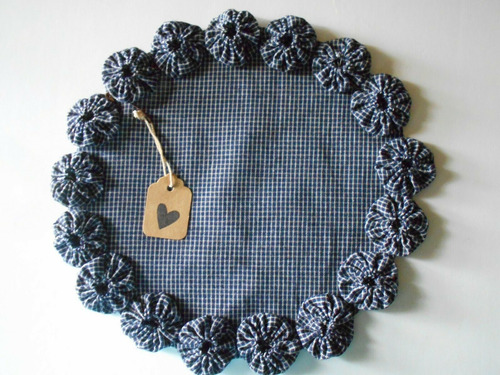 Blue Check Homespun Fabric Yoyo Candle Mat Table Runner To