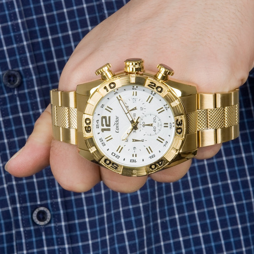 Relógio Condor Masculino Dourado Branco Civic Dual Time Covd33aa/4k Original Com Estojo