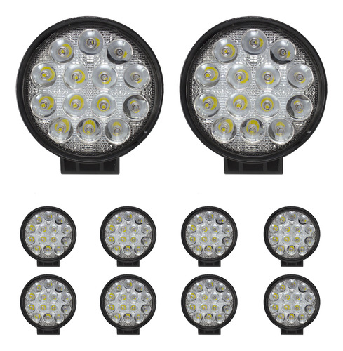 10x Farol De Milha 14 Led 42w 12v/24v Redondo Off-road 6000k