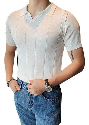 Camisa De Punto Con Cuello En V Para Hombre, Playera De Man