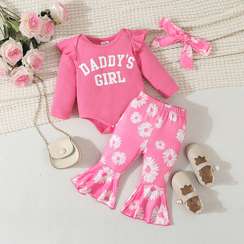 3pcs Conjunto Rosa Con Estampado De Flores Para Bebé Niñas