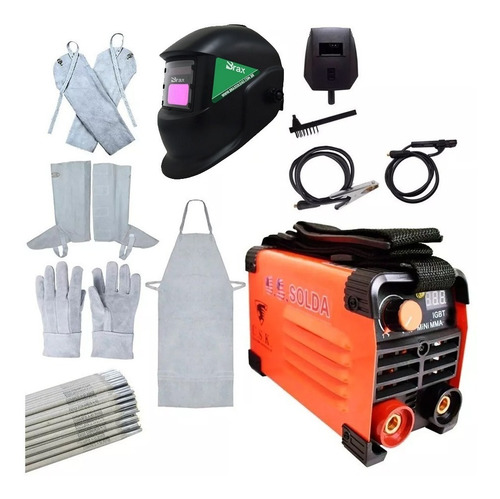 Kit Completo Maquina De Solda Inversora Digital Mini Mma 225 Usk Mascara Automatica Eletrodo Avental Luva Perneira  220v