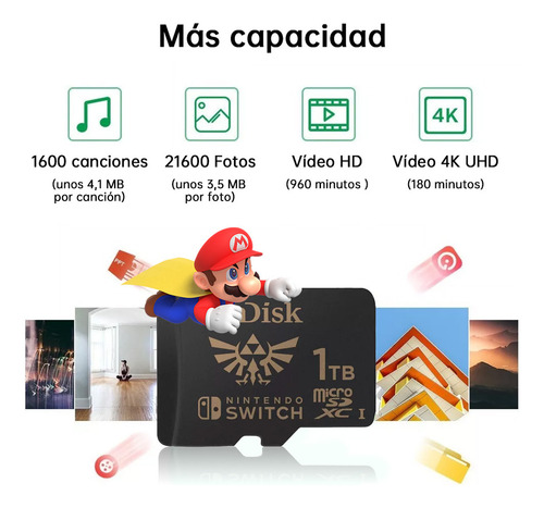 Memoria Micro Sd De 1 Tb Para Nintendo Switch 4k 100 Mb/s Adaptador Usb Incluido