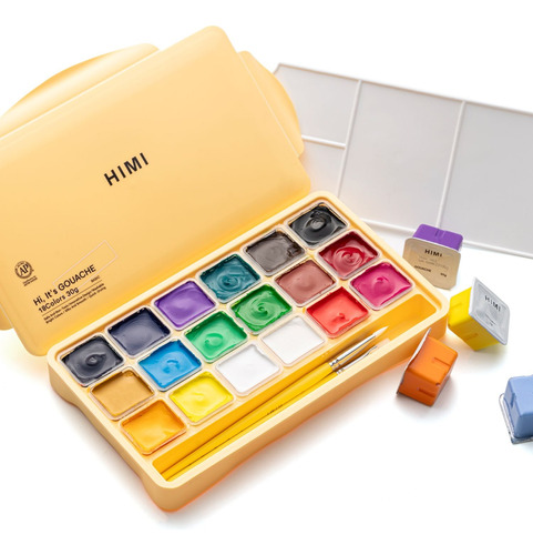 Set 18 Gouache Potes 30 G Estuche Amarillo Y Pinceles - Himi