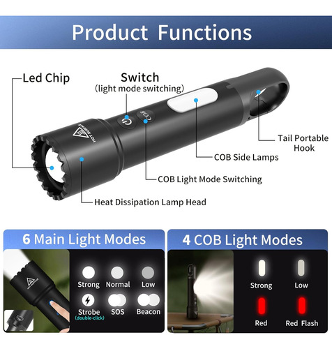 Linterna Recargable Led 10 Modos - Luz Lateral Cob - Imperme