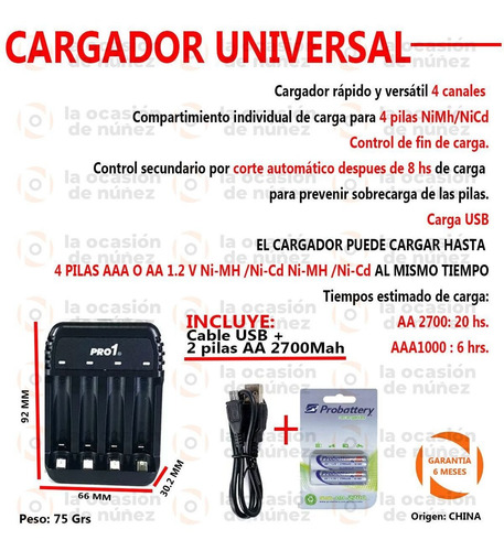 Imagen 2 de 6 de Cargador Y Pilas Aa Probattery Pro1 2700mah Pila Recargable